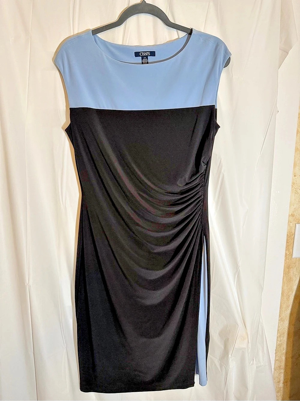 Chaps Color Block Ruching Dress in Black & Blue Size Large